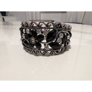 Black and Silver Cuff Bracelet Costume Jewelry Floral Statement Rhinestone